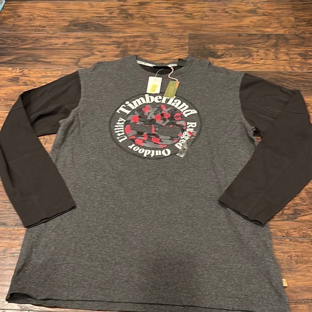 NOS Timberland camp logo spell out on chest long sleeve shirt size L NWT